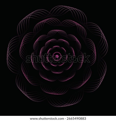 Abstract geometric floral pattern with neon pink gradient lines on black background. Symmetrical wave-like petals forming concentric circular layers, creating a hypnotic, futuristic mandala design.