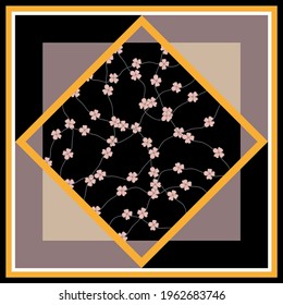 Abstract geometric floral pattern on black background. Vector patch for print, fabric, scarf design.