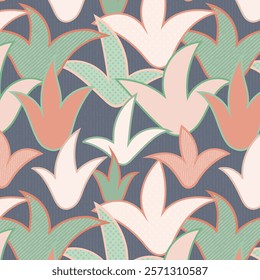 Abstract geometric floral pattern of stylized pastel beige and soft green leaves with texture on blue gray background. Bold maximalist botanical background for decoration and paper.