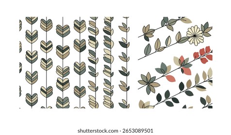 Padrões florais geométricos abstratos em tons terrosos com motivos botânicos delicados