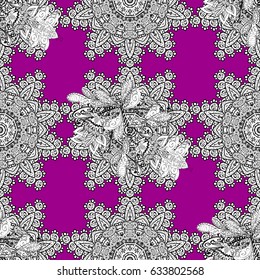 Abstract geometric floral seamless background. Vector doodle sketch pattern, graphic illustration. Magenta background. Tribal ethnic ornate decoration, lace repeating texture. Magenta seamless pattern