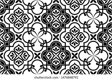 Abstract geometric floral seamless pattern. Black and white ornament. Modern stylish texture repeating. Vector background.