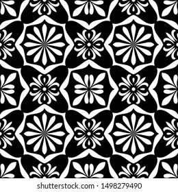 Abstract geometric floral seamless pattern. Black and white ornament. Modern stylish texture repeating. Vector background.