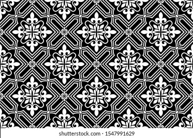 Abstract geometric floral seamless pattern. Black and white ornament. Modern stylish texture repeating. Vector background.