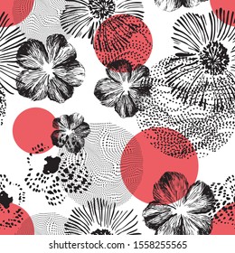 Abstract geometric floral seamless pattern. Hand drawn black flowers combined with optical illusions geometric shapes. Digital and hand drawn background. Opt art illustration