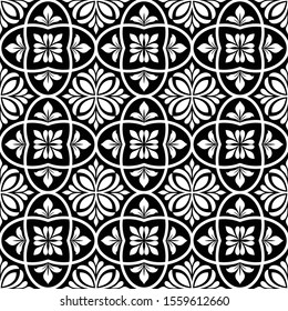 Abstract geometric floral seamless pattern. Black and white ornament. Modern stylish texture repeating. Vector background.