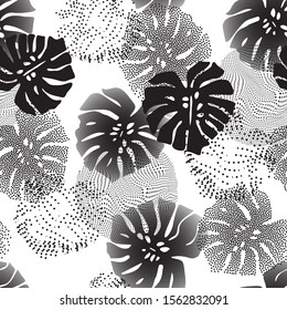 Abstract geometric floral seamless pattern of monstera leaves. Monochrome tropical gradient and dotted leaves with optical distorted half tone circles background. Unusual Black and white illustration