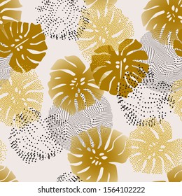 Abstract geometric floral seamless pattern of gold monstera leaves. Golden tropical gradient and dotted leaves with optical distorted half tone circles background. Unusual summer beach illustration