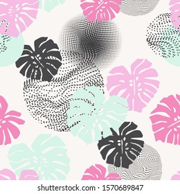 Abstract geometric floral seamless pattern of monstera leaves. Hand drawn tropical leaves, optical distorted half tone circles background. Unusual tropical illustration for textile, fabric, wallpaper