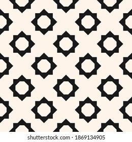 Abstract geometric floral seamless pattern. Vector black and white background. Simple geometric ornament. Monochrome graphic texture with flower shapes, diamonds, sun. Repeat design for decor, print
