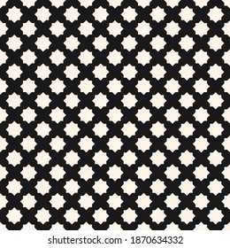 Resumen del patrón geométrico floral sin soldadura. Sencillo ornamento geométrico en blanco y negro con formas florales, estrellas de ocho puntas, rejilla. Superficie perforada. Textura de fondo monocroma. Diseño de vectores