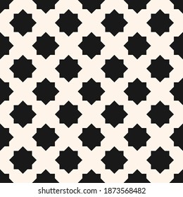 Abstract geometric floral seamless pattern. Simple vector black and white geometrical ornament with flower shapes, eight-pointed stars. Monochrome background texture. Repeat design for print, textile