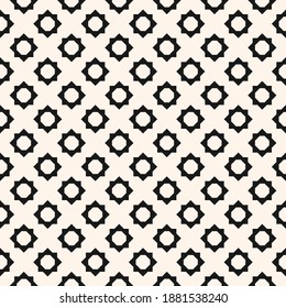 Abstraktes geometrisches, florales, nahtloses Muster. Vektorschwarz-weißer Hintergrund. Einfache geometrische Verzierung. Monochrome grafische Textur mit kleinen Blumenformen, Diamanten, Sonne. Wiederholtes Design für den Druck