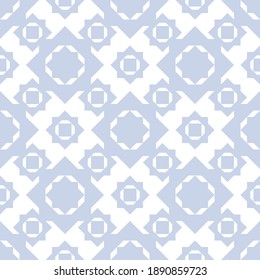 Abstract geometric floral seamless pattern. Elegant vector background. Simple geometrical ornament. Graphic texture with flower shapes, diamonds, star shapes. Light blue and white color. Repeat design