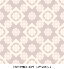 Abstraktes geometrisches, florales, nahtloses Muster. Eleganter Vektorhintergrund. Einfache geometrische Verzierung. Grafische Struktur mit Blumenformen, Diamanten, Sternformen. Hellbeige Farbe. Subtile Wiederholung