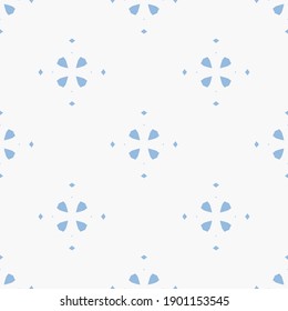 Abstract geometric floral seamless pattern. Simple vector minimalist texture with small flower silhouettes, diamonds. Elegant minimal light blue and white background. Repeat design for decor, textile