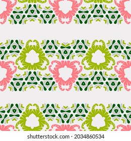 Abstract geometric floral seamless pattern. Pink, green and beige background. Vector illustration. Colorful geometric background.For fabric, wallpaper or packaging.