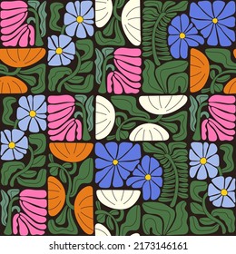 Abstract geometric floral seamless pattern. Matisse art inspired botanical background. Modern flat vector illustration with stylized flowers. Mid century print for wallpaper, fabric, package, paper