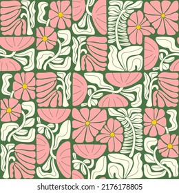 Abstract geometric floral seamless pattern. Matisse art inspired botanical background. Modern flat vector illustration with stylized flowers. Mid century print for wallpaper, fabric, package, paper