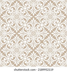 Resumen del patrón geométrico floral sin soldadura. Biege y ornamento blanco. Se repite textura moderna y elegante. Fondo vectorial.