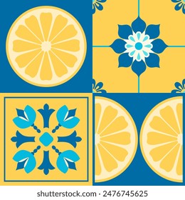 Abstractas patrón geométrico floral sin costuras con limones. Arabesco. Fondo de azulejos italianos, portugueses, españoles, azules y amarillos. Estilo tradicional mediterráneo. Mosaico. Papel de embalaje, papel digital