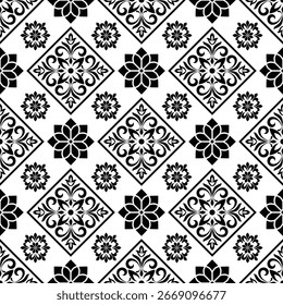 Abstract geometric floral seamless pattern. Black and white ornament. Modern stylish texture repeating. Vector background.