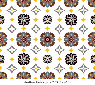 Abstrato padrão floral floral sem costura geométrica combinando formas modernas com delicados elementos botânicos. Linhas limpas, simetria equilibrada e flores decorativas suaves criam um estilo e contemporâneo