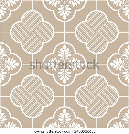 Abstract geometric floral seamless pattern. Beige and white ornament. Modern stylish texture repeating. Vector background.