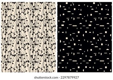 Abstract Geometric and Floral Seamless Vector Pattern. Light Beige Twigs, Circles, Squares and Lines Isolated on a Beige and Black Background. Minimalist Symbolism Style Repeatable Print. 