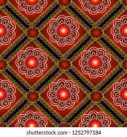 Abstract geometric floral vector seamless pattern. Gradient geometry shapes, rhombus, circles. Doodle flowers with lace lines. Ornamental background. Tiled rhombus, circles. Repeat ornate backdrop.