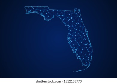 Abstract geometric of Florida map polygonal line, structure and point scales on blue dark background with lights and dots. Vector illustration eps 10.