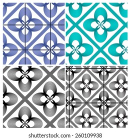 Abstract geometric flower with diagonal line vector pattern textile on white background in four style