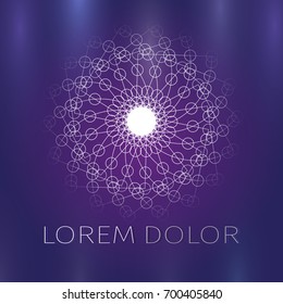 The abstract geometric flower in the Hindu style. Unusual logo of a sun or Lotus flower on a purple background