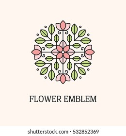 Abstract Geometric Flower And Leaves Logo Template. Linear Floral Emblem In Pastel Colors.