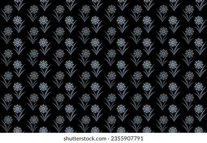 Abstract geometric flower n leaf seamless pattern with light n gray element on black background. Vector illustration.For masculine male shirt lady dress textile wrapping cloth wallpaper all over print