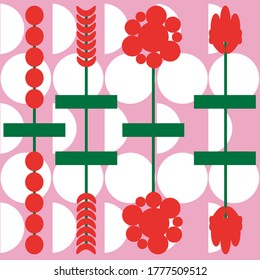 Abstract geometric flower pattern. Flowers are red with green stems and leaves and the background is pink with white circles and half circles.