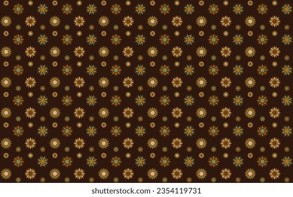 Abstract geometric flower seamless pattern with brown tan n olive green element on dark brown background. Vector illustration. For masculine shirt ladydress textile cloth wallpaper all over print