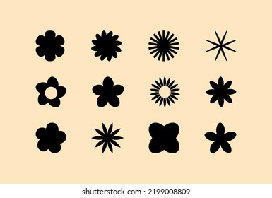  Abstract geometric flower shape and silhouettes, black brutalism forms. Modern trendy minimalist postmodern brutalist basic figures, stars, lines and circles, memphis vector elements.