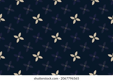 Abstract geometric flowers motif pattern simple silhouettes continuous background. Modern geo ditsy floral lux fabric design textile swatch ladies dress, man shirt all over print block vector graphic.