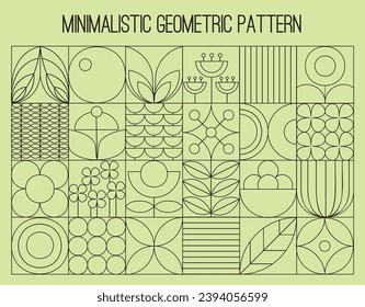 Abstract geometric flowers and plants. Bauhaus pattern. Mosaic style. Simple geometric shapes.  Textile background. Vector botanical illustration.