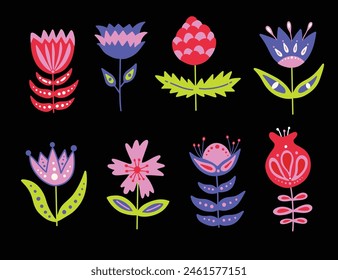 Abstract geometric flowers and plants vector illustration in cartoon groovy funky folk art style. Cool trendy floral elements set. trippy psychedelic neon shapes and forms collection