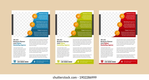 Abstract Geometric Flyer Template For Business Promotion. Vertical Layout Combined With Blue, Red And Green On Elements. White Background With Space For Photo Collage. 