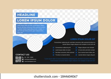 abstract geometric flyer template design with horizontal layout. wavy style element use blue color. black background. circle shape for space for photo collage. 