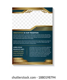 abstract geometric flyer template design with innovation is our tradition as the headline. dot pattern. gold element in blue gradient background. vertical layout with space for photo.