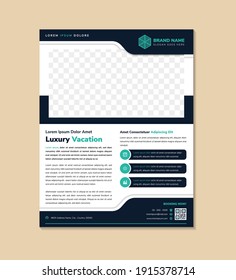 Abstract geometric flyer template design. rectangle shape for space of photo collage. Advertising design with vertical layout. white background with dark and light blue element. infographic icon.