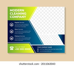 Abstract Geometric Flyer Template Design For Cleaning Company. Diagonal Space Of Photo Collage. Advertising Design With Horizontal Layout. Blue Gradient Background With Green Colors On Element. 