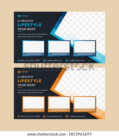 abstract geometric flyer template design for promotion of healthy lifestyle.  two variation colors for choose are flat blue and orange. triangle and rectangle shape of space for photo. dark background