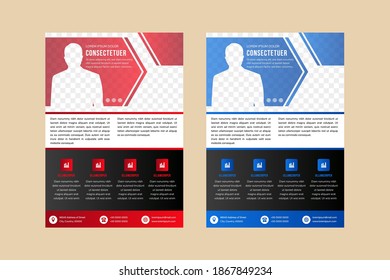 abstract geometric flyer template use horizontal layout. transparency hexagon arrow use transparency red and blue color. square icon located in black background. space for photo collage.