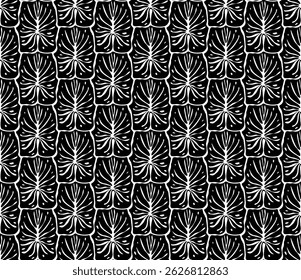 abstract geometric foliage, ink plant leaves black and white seamless pattern, vector illustration endless repeatable texture 