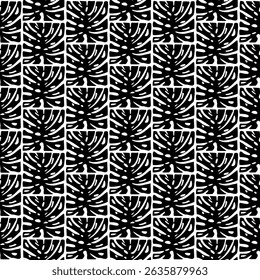 abstract geometric foliage, ink plant leaves black and white seamless pattern, vector illustration endless repeatable texture 